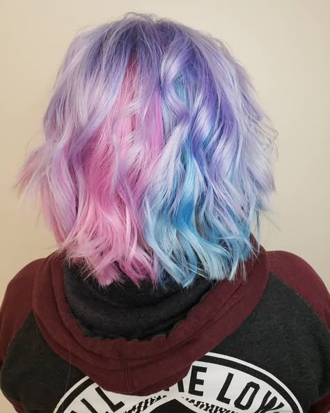 Periwinkle And Pink Hair, Cotton Candy Hair Color, Unicorn Hair Color, Waves Haircut, Cotton Candy Hair, Dyed Hair Pastel, Vivid Hair Color, Candy Hair, Hair Color Pastel