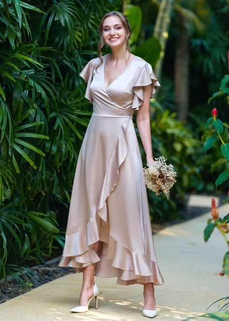 Champagne beige wrap dress, silk dress, wrap dress, bridesmaid dress, wedding guest dress, women dress, maxi dress, evening dress, long dress A Line Wrap Dress, Wrap Silk Dress, Inspirasi Dress Bridesmaid, Golden Dress Outfit, Dress Perpisahan, Silk Dress Bridesmaid, Formal Wrap Dress, Flowy Wrap Dress, Wrap Dress Outfit