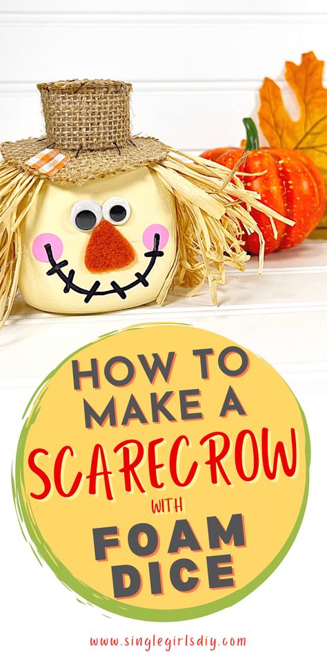 Fall Diy Crafts Dollar Tree, Foam Dice Scarecrow, Easy Halloween Crafts For Seniors, Fall Wooden Crafts Diy Wood, Dollar Tree Foam Dice Crafts, Foam Dice Dollar Tree Crafts, Dollar Tree Foam Pumpkin Ideas, Diy Scarecrow Decoration, Fall Dollar Tree Crafts