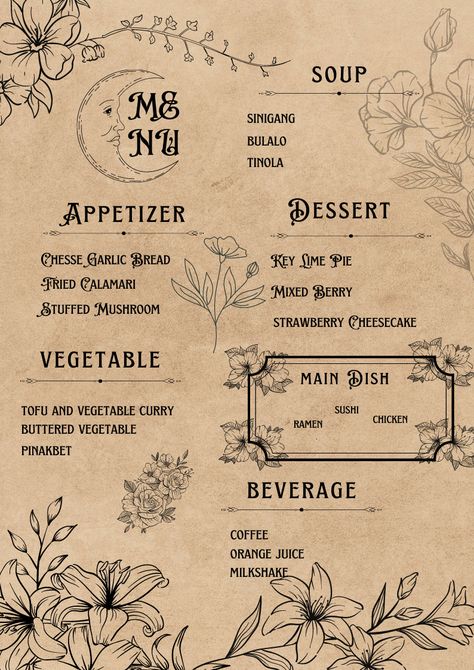 Menu Template Aesthetic, Aesthetic Menu Card, Cafe Menu Aesthetic, Filipino Food Menu, French Cafe Menu, Diy Menu Cards, Xmas Menu, Bistro Menu, Diner Menu