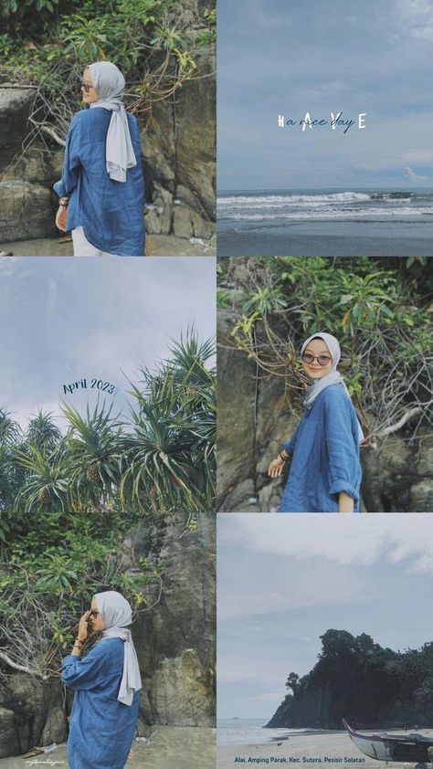 Style Pantai Hijab, Pose Foto Di Pantai Hijab, Ootd Pantai Hijab Simple, Foto Ootd, Hijab Style Casual, Beach Pictures Poses, Style Hijab, Instagram Photo Ideas Posts, Creative Instagram Photo Ideas