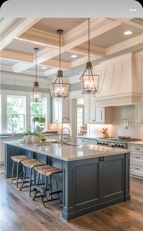 Cream Cabinets White Countertop, Kitchen Island Lighting Ideas, Suburban Kitchen, Country Kitchen Designs, Farmhouse Kitchen Remodel, Future Apartment Decor, Farmhouse Style House Plans, Farmhouse Kitchen Design, Cottage Kitchens