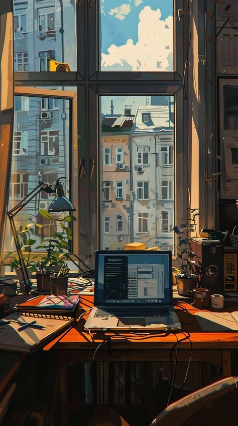 Window View Wallpaper Laptop, Productive Wallpaper Iphone, Rainy Day Study Aesthetic, Looking Out Window Reference, Microsoft Wallpaper Aesthetic, Lofi Aesthetic Study, Anime Balcony, Animated Background Aesthetic, Cosy Artwork