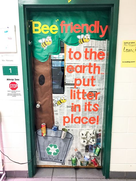 Earth Day theme classroom door Environment Classroom Decor, Reduce Reuse Recycle Classroom Door, Recycling Classroom Door Decoration, Recycling Bulletin Board Ideas, Earth Day Door Decoration, Earth Day Classroom Door Ideas, Recycling Bulletin Boards Preschool, Sustainable Classroom Ideas, Earth Classroom Theme