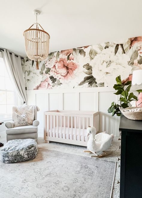 Girl Nursery Wallpaper, Girls Nursery Floral, Small Nursery, Nursery Accent Wall, Calm Nursery, Baby Room Themes, Board And Batten Wall, Nursery Closet, Nursery Room Design