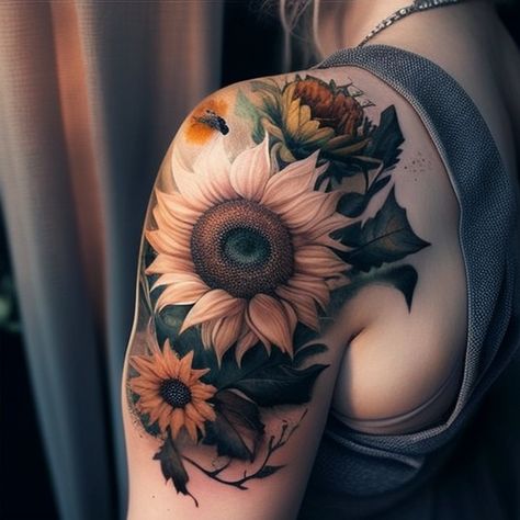 89 Sunflower Tattoo Ideas - TattooClue.com Tattoo Cover Up Ideas For Women Shoulder, Shoulder Tattoos For Women Color, Shoulder Cover Up Tattoos For Women, Cover Up Tattoo Designs For Women, Minimalistic Sunflower Tattoo, Sunflower Back Tattoo, Sunflower Tattoos For Women, Rebecca Tattoo, Elf Tattoo