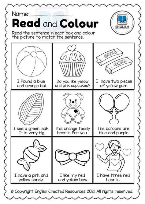 Read And Color, Color Worksheet, Kindergarten Phonics Worksheets, Reading Comprehension Lessons, Homeschool Preschool Activities, English Activities For Kids, Kids Worksheets Preschool, English Worksheets For Kids, Phonics Kindergarten