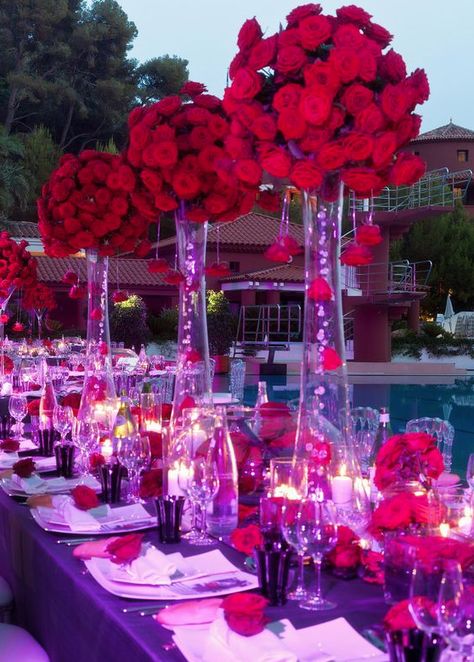 Red And Purple Birthday Decorations, Red And Purple Quinceanera, Wedding Ideas Red And Purple, Purple And Red Wedding Ideas, Red And Purple Wedding Dress, Purple And Red Wedding Theme Decor, Red And Purple Wedding Decorations, Black Red And Purple Wedding, Red And Purple Wedding Theme