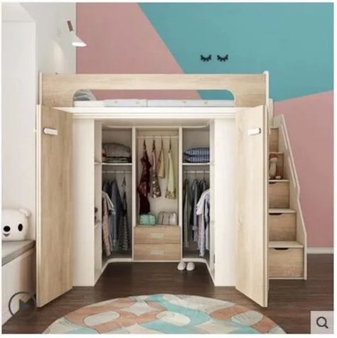 Loft Bed Walk In Closet, Walk In Closet Under Bed, Loft Bed Wardrobe, Cama Closet, Box Room Bedroom Ideas, Loft Bed Plans, Wardrobe Bed, Small Room Design Bedroom, Children's Bedrooms