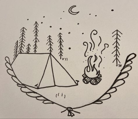 Dessin réalisé au traditionnel, représentant un camping en pleine nuit avec un feu de camps allumé. Camping Sketch, Campfire Drawing, Inktober 2024, Fire Drawing, Easy Camping, Product Photos, Tent Camping, Amelie, Campfire