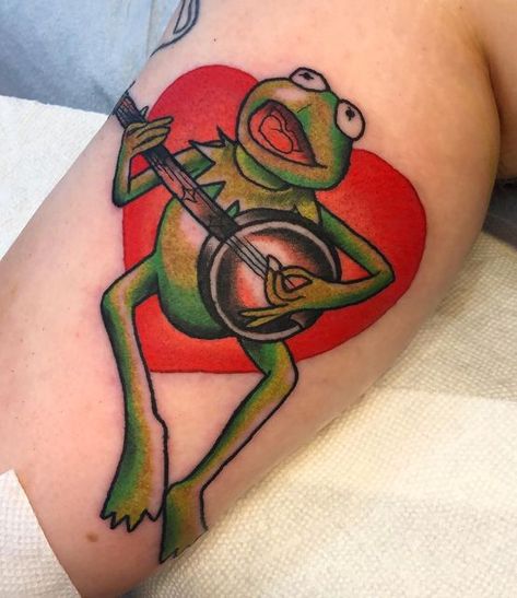 Kermit The Frog Tattoo, Kermit Tattoo, Banjo Tattoo, Disney Childhood, Cowboy Tattoos, Frog Tattoo, Frog Tattoos, Im So Happy, Sleeve Ideas