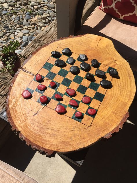 Checkers Board Diy, Homemade Checker Board, Outdoor Checkers, Chinese Checkers Board, Checkers Game, Fairy Home, Mud Kitchen, Fire Pit Area, Natural Playground