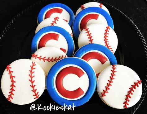 Baseball Sugar Cookies  Chicago cubs cookies Chicago Cubs Cookies Decorated, Chicago Cookies Decorated, Cubs Cookies, Chicago Cubs Birthday, Baseball Cupcakes, Baseball Cookies, Cookie Bouquet, Cubs Baseball, Baseball Party