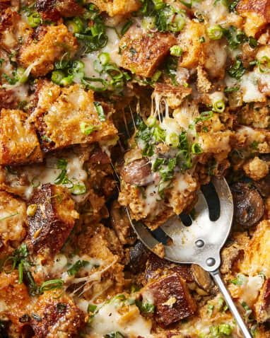 Overnight Merguez and Mushroom Strata Recipe | Kitchn Mushroom Strata, Sausage And Mushrooms, Strata Recipe, Strata Recipes, Savory Bread Puddings, Family Stone, Sausage Dishes, The Family Stone, Egg Custard