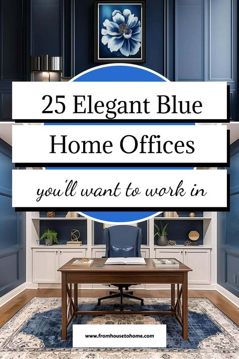 25 elegant blue home offices you'll want to work in Blue Desk Home Office, Navy Walls Office, Moody Blue Office, Hale Navy Office, Navy Blue Office Walls, Navy Blue Office Decor, Navy Office Walls, Blue Office Interior, Blue Home Office Ideas