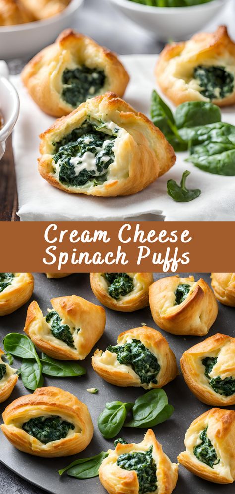 Cream Cheese Spinach Puffs | Cheff Recipes Gluten Free Cream Puffs Recipes, Spinach Cheese Puff Pastry, Spinach Feta Puff Pastry Recipes, Savory Pastries Recipes, Spinach Cream Cheese Puff Pastry, Cream Cheese Spinach Puffs, Pistachio Cream Puffs, Pastry Puff Appetizers, Spinach Danish