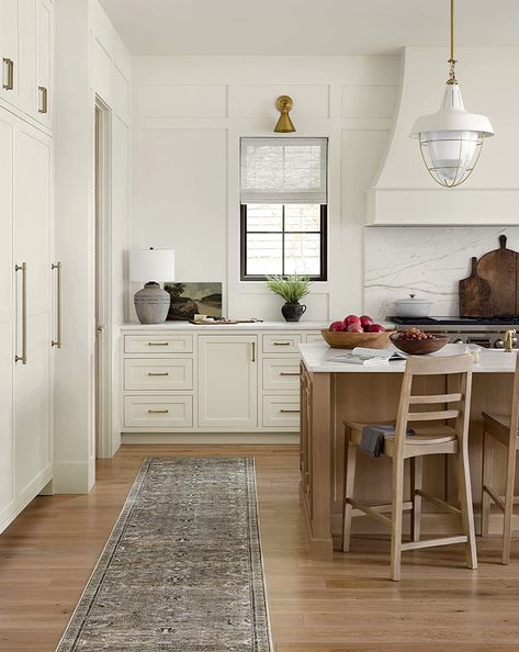 White kitchen with inset shaker cabinetry and white oak island with brass accent and quartzite countertops finished with a white oak floor and beautiful vintage inspired runner area rug. Moss Rug, Alexander Home, Charcoal Rug, Loloi Rugs, Rug Direct, Smart Design, Accent Rugs, Bedding Shop, Decoration Design