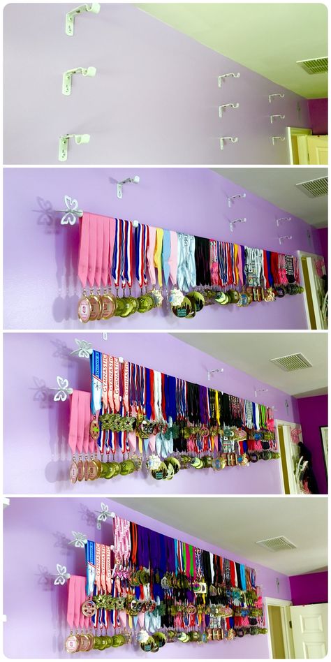 How to display sports medals easy and inexpensive.                                                                                                                                                     More Trophy And Medal Display Ideas, Organizer Ideas Bedroom, Medal Organizer, Medal Display Ideas, Gymnastics Medal Display, Sports Medal Display, Medals Display, Gymnastics Medals, Running Medal Display