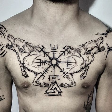 Viking Chest Tattoo Design, Leg Tattoo Men Viking, Viking Chest Tattoo Men Ideas, Viking Tattoos Chest, Nordic Chest Tattoo Female, Viking Throat Tattoo Men, Norse Chest Tattoo Men, Viking Throat Tattoo, Nordic Chest Tattoo Men