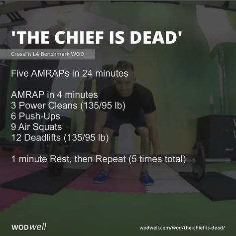 Score is total rounds and reps completed in all 5 AMRAP cycles. “The Chief is Dead” is a benchmark WOD based on the popular CrossFit Hero WOD, “The Chief.” The movements and the interval style are similar but this version adds 12 deadlifts (“deads,” hence the name) per round and a full extra minute per AMRAP cycle. Crossfit Benchmark Workouts, Amrap Crossfit Workouts, Benchmark Wods Crossfit, Deadlift Wod Crossfit, Hero Crossfit Workouts, Crossfit Amrap Workout, Full Body Wod Crossfit, Crossfit Style Workouts, Crossfit Hero Wod