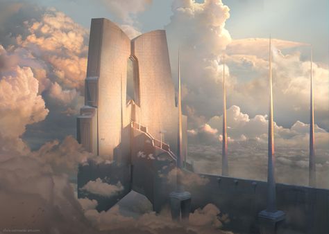 Sky Temple, Chris Ostrowski on ArtStation at https://www.artstation.com/artwork/O3bmw Sky Temple, Concept Art Landscape, Bangunan Minecraft, Sci Fi Environment, Small Step, Fantasy City, Fantasy Setting, Fantasy Places, Futuristic City