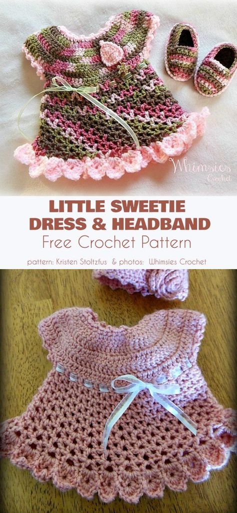 Little Sweetie Dress and Headband Free Crochet Pattern #freecrochetpatterns #crochetbabydress Crochet Baby Dress Free Pattern, Crochet Apparel, Crochet Doll Clothes Free Pattern, Crochet Doll Clothes Patterns, Baby Dress Set, Baby Doll Clothes Patterns, Crochet Baby Girl Dress, Crochet Baby Dress Pattern, Crochet Doll Dress