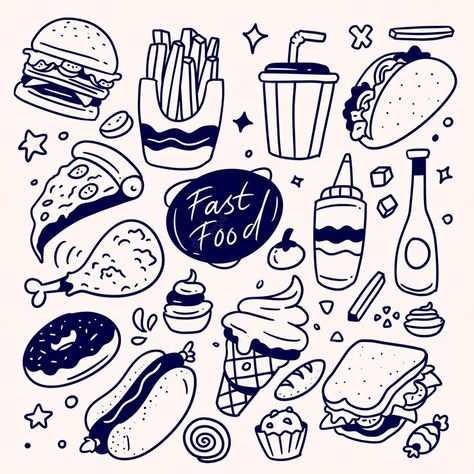 Fast Food Sketch, Fast Food Doodles, Fast Food Logo Ideas, Foodie Doodle, Food Doodle Art, Fast Food Drawing, Graffiti Food, Doodles Food, Fast Food Illustration