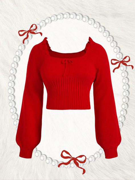 Plus Size Red Vintage Palace Lantern Sleeve Ruffled Collar Bow Decor Knit Sweater, Christmas Jumper Red Casual  Long Sleeve Knitwear Plain Pullovers Medium Stretch  Women Plus Clothing, size features are:Bust: ,Length: ,Sleeve Length: Wine Red Sweater, Vintage Palace, Cropped Leather Jacket, Bow Decor, Christmas Jumper, Sweater Christmas, Ruffled Collar, Elegant Dresses Long, Red Vintage