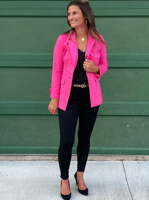 Hot pink blazer for work #justpostedblog #ShopStyle #shopthelook #MyShopStyle #OOTD #LooksChallenge #ContributingEditor #Lifestyle Hot Pink Cardigan Outfit Work, Hot Pink Top Outfit Work, Pink Blazer Outfit Classy Dressy, Outfits With A Pink Blazer, How To Style A Hot Pink Blazer, What To Wear With Pink Blazer, Pink Blazer Black Pants Outfit, Neon Pink Blazer Outfit, Barbie Pink Blazer Outfit