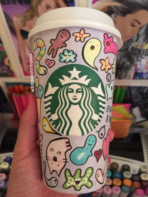 These lil cute #bacteria are everywhere in my #starbucks obsession 15th cup #copic #starbuckscoffee #starbucksdubai #starbucksdoodle #starbucksart #coffee #starbucksaddict #grande #cute Starbucks Cup Painting Ideas, Starbucks Cup Painting, Starbucks Ideas, Starbucks Art, Cup Painting, Stanley Mug, Starbucks Cup Art, Cup Diy, Book Content