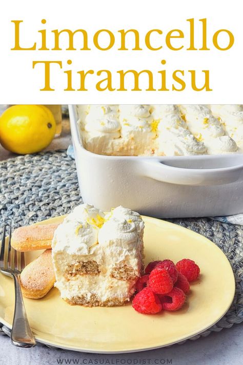 A citrusy version of the Italian classic, Limoncello Tiramisu is a no bake dessert that's easy and elegant. Discover the best recipe for Limoncello Tiramisu. | lemon dessert | no bake lemon dessert | limoncello desserts | lemoncello tiramisu recipe | lemon tiramisu recipe | Tiramisu Recipe Fruit, Lemon Italian Love Cake, Italian Lemon Desserts Easy, Italian Pudding Desserts, Lemon Tirimasu Recipes, Lemon Tarimasu, Lemon Terimasu, Healthy Italian Desserts, Lemoncello Tiramisu Recipe