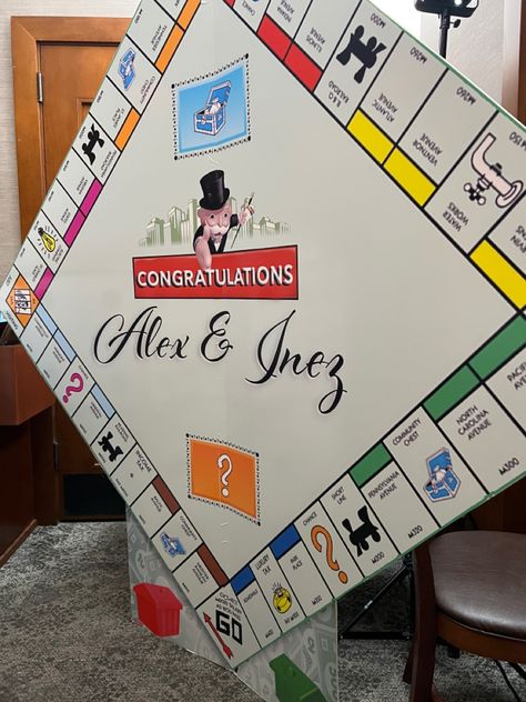 7X7 Cardboard Monopoly themed and custkmozed. Can alao be used to have people sigb wuth msekers at the end after using it as a photo backdrop to have as a keep sake. Monopoly Themed Parties, Drill Team, Baby Shower Theme, Photo Backdrop, Monopoly, Hen, Bachelorette Party, Sake, The End