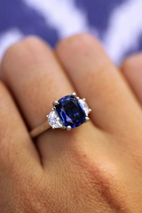 Gold Saphire Engagement Ring, Sapphire Three Stone Engagement Ring, Sapphire Ring With Diamonds, Sapphire Ring White Gold, Three Stone Engagement Rings Sapphire, Cushion Cut Sapphire Engagement Ring, Engagement Rings Diamond And Sapphire, Sapphire Three Stone Ring, Blue Diamond Engagement Rings