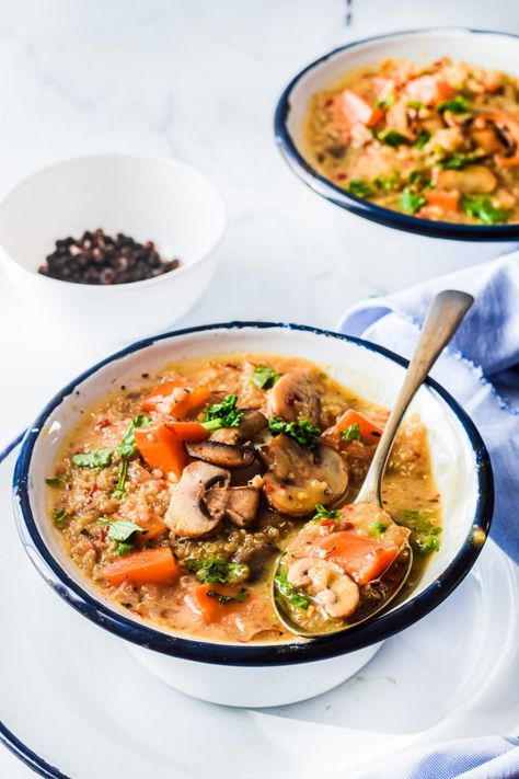 Creamy Mushroom + Quinoa Soup is a cozy winter meal. Coconut milk adds creaminess while keeping this delicious vegan mushroom soup recipe dairy free. Quinoa Soup Vegetarian, Soup Recipe Dairy Free, Roast Vegetable Soup, Coconut Curry Meatballs, Soup Whole 30, Quinoa Mushroom, Vegan Mushroom Soup, Roasted Vegetable Soup, Mushroom Quinoa