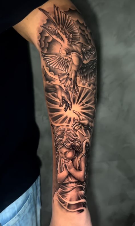 Mens Tattoos Sleeves Ideas, Men’s Tattoo Forearm Sleeve, Tätoo Arm Man, Men’s Tattoo Tricep, Icarus Tattoo Forearm, Arm Name Tattoos Men, Long Sleeve Tattoo Men, Lower Forearm Tattoo Men, Background For Tattoos