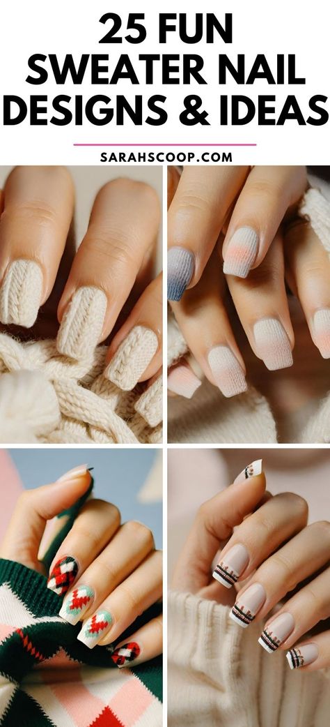 Get cozy this season with these unique sweater nail designs! Perfect for adding a touch of warmth and charm to your winter look! 💅😍 #nailinspo #sweater Short Square Sweater Nails, Sweater Acrylic Nails, Nails Sweater Design, Sweater Effect Nails, Winter Sweater Nail Designs, Sweater Design Nails, Sweater Nails Winter, Sweater Nails Fall, Sweater Nails Designs