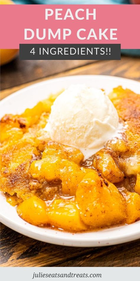 Need an easy dessert? Make this 4 ingredient Peach Dump Cake! You can use each peach pie filling or sliced peaches then top it with cinnamon, cake mix and slabs of butter. Serve it warm with a scoop of vanilla ice cream for an easy dessert that's delicious. #cake #recipe Sliced Peaches Desserts, Dump Cake Peach Cobbler, Dump Cake Peach, Cake Peach Cobbler, Peach Pie Filling Recipes, Easy Peach Pie, Sliced Peaches, Fruit Pie Filling, Easy Peach Cobbler Recipe