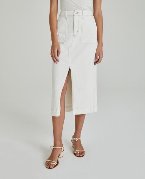 The '90s Trend: Long Denim Skirts Long White Denim Skirt, 90s High Waist Cotton Denim Skirt, Casual White Mid-rise Denim Skirt, White Mid-rise Denim Skirt, White Denim Skirt, Short Length, Chic Midi-length Cotton Denim Skirt, Cotton Midi Skirt, Denim Pencil Skirt, Denim Maxi Skirt