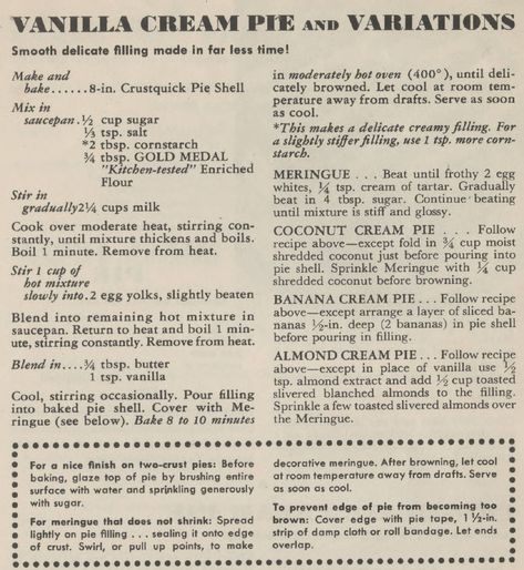 The Vintage Chiffon Cake Site - More Classic / Vintage Recipes - Betty Crocker Vanilla Cream Pie and Variations Old Fashioned Cream Pie, Old Fashion Cream Pie, Betty Crocker Pie Recipe, Betty Crocker 1970 Recipes, Vanilla Cream Pie, Betty Crocker Coconut Cream Pie Recipe, Betty Crocker Pumpkin Pie Recipe, Betty Crocker Coconut Cream Pie, Grandma's Coconut Cream Pie