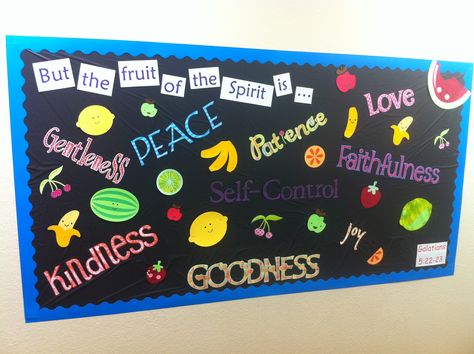 Fruit of the Spirit bulletin board Fruit Of The Spirit Bulletin Board Ideas, Fruit Of The Spirit Bulletin Board, Fruit Of The Spirit Craft, Kidmin Decor, Sabbath Activities, Bulletin Board Ideas For Church, Kids Bulletin Boards, Bullentin Boards, Fruit Diy