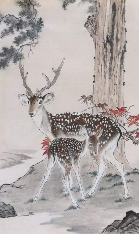 Japanese Deer, Deer Japan, Christmas Art Projects, Deer Tattoo, Deer Painting, Beautiful Painting, Paintings I Love, Japanese Painting, Japan Art