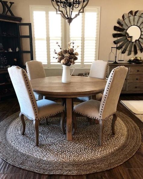 Uphostered Dining Chairs, Kitchen Table With Round Rug, Dining Room Table Round Modern, Round Wood Dining Table Farmhouse, Round Rug For Dining Room, Round Dining Room Rugs, Comfortable Dining Chairs For Round Table, Area Rug For Round Dining Table, Jute Rug Round Dining Table