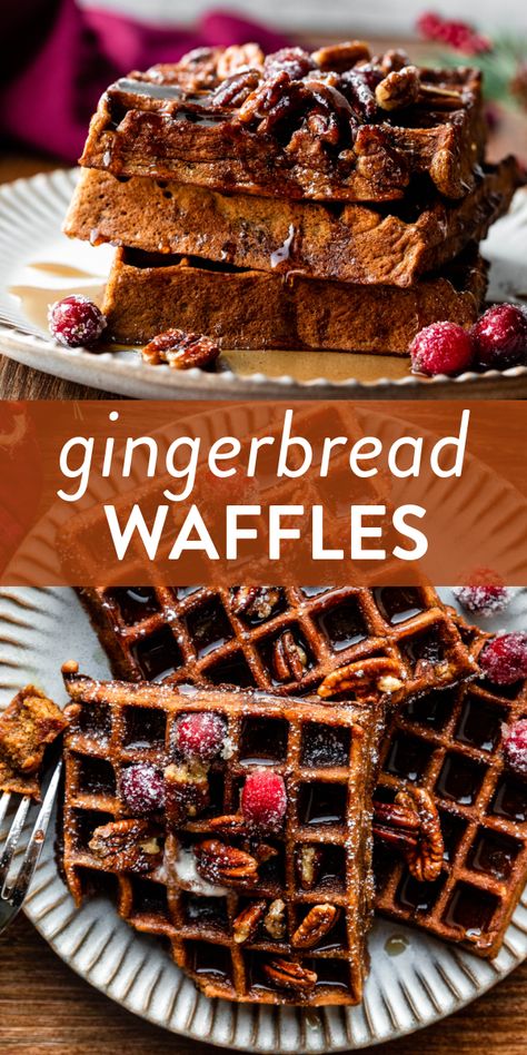 Gingerbread Waffles Healthy, Gingerbread Waffles Easy, Waffles Christmas, Gingerbread Waffles Recipe, Pecan Syrup, Gingerbread Waffles, Christmas Waffles, Gingerbread Pancakes, Healthy Waffles