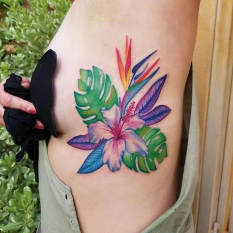 Tropical Leg Tattoos For Women, Tropical Bouquet Tattoo, Hawaiian Culture Tattoo, Tropical Floral Tattoo, Tattoos Tropical, Tropical Flower Tattoo, Exotic Flower Tattoos, Hawaiian Flower Tattoo, Wrist Tats