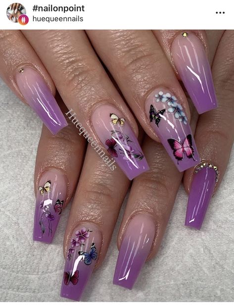 Purple Ombre Butterfly Nails, Butterfly Sticker Nail Art, Butterfly Sticker Nails, Spring Nails Butterflies, Purple Ombré Nails, Purple Butterfly Nails, Black And Purple Nails, Light Purple Nails, Dark Purple Nails