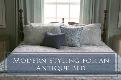 The Decorologist demonstrates how to modernize an antique bed in a guest bedroom before and after makeover in Nashville, TN Before And After Makeover, Dark Wood Bedroom, Blue Wall Colors, Antique Bed, Old Beds, Antique Beds, Small Side Table, Wood Bedroom, Guest Bedrooms