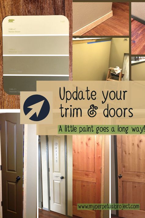 Fast, easy, economical.  Grab your paint & paintbrush and freshen up your trim and interior doors. Stained Trim With Painted Doors, Two Tone Doors And Trim, Indoor Door Colors, Dark Wood Trim, Wood Baseboard, 6 Panel Doors, Stained Trim, Painted Driftwood, Brown Doors