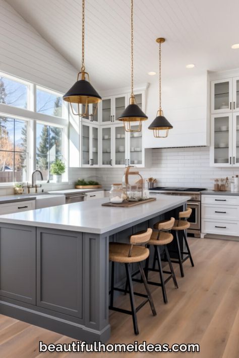 24 Beautiful Gray Modern Farmhouse Kitchen Ideas Combining Function & Design - Beautiful Home Ideas Modern Farmhouse Kitchens White And Wood, Dark Gray Farmhouse, Dark Gray Cabinets, Modern Farmhouse Kitchen Ideas, Gold Pendant Lights, Farmhouse Island, Double Oven Kitchen, Modern Country Kitchens, White Worktop