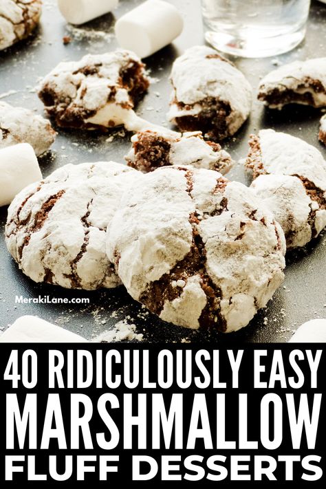 40 Incredibly Easy Marshmallow Fluff Dessert Recipes | Whether you're adding it to frosting, dip, fudge, or cookies, marshmallow fluff is the best addition to your baking recipes! And homemade fluff is SO EASY TO MAKE. Click for our favorite DIY marshmallow fluff recipes, plus 40 easy desserts the whole family will love. From s'mores bars to fruit dip and cookies, coconut marshmallow cream meringue pie to brownies and gluten free whoopie pies, there's a sweet treat here for everyone! S’mores With Marshmallow Fluff, Baking With Marshmallow Fluff, Marshmallow Fluff Cookie Recipes, Things To Do With Marshmallow Fluff, Marshmello Fluff Recipes Desserts, Marshmallow Cream Cookies, Marshmallow Puff Recipes, Jumbo Marshmallow Recipes, Jet Puffed Marshmallow Creme Recipes Desserts