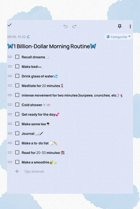 Follow for more💕 1 Billion Dollar Morning Routine, Million Dollar Morning Routine, Billion Dollar Morning Routine, Tea Journal, Morning Routines List, Aesthetic Routine, School Routine For Teens, 1 Billion Dollars, Morning Routine School